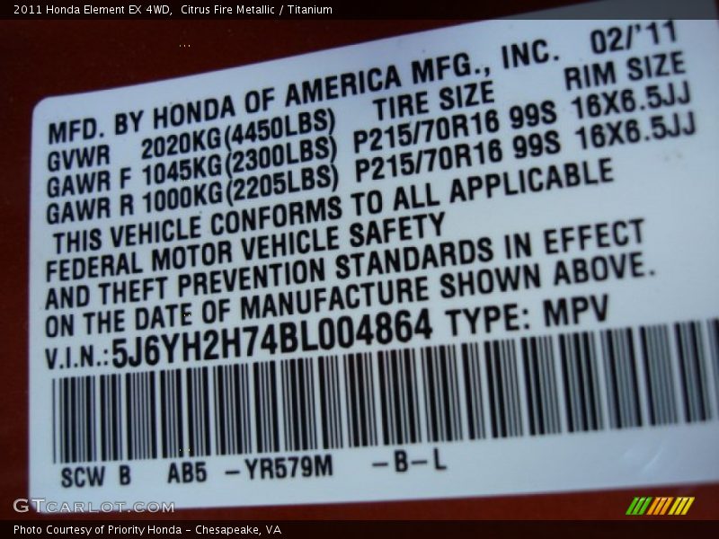 2011 Element EX 4WD Citrus Fire Metallic Color Code YR579M