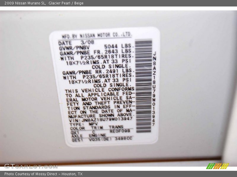 Glacier Pearl / Beige 2009 Nissan Murano SL