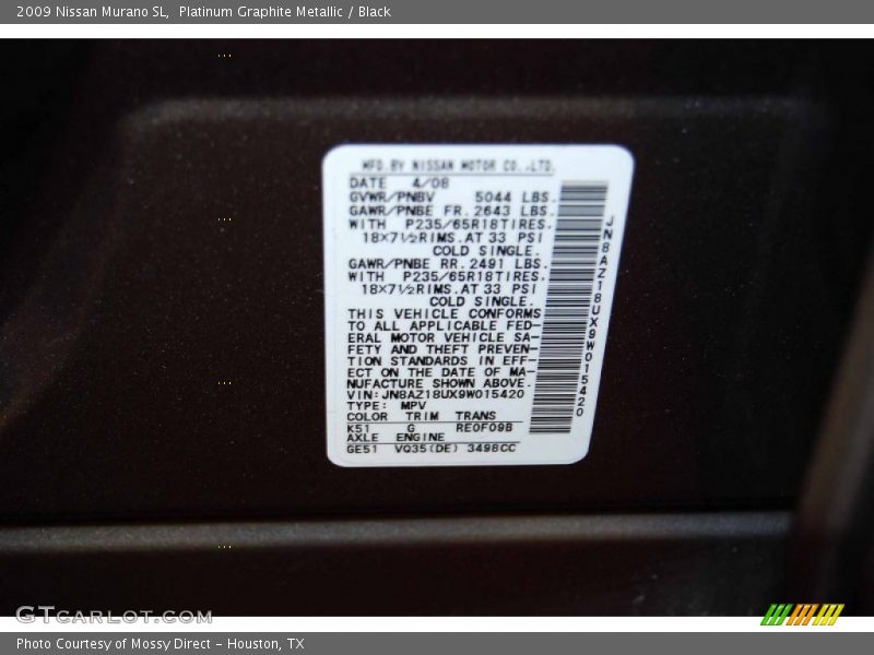 Platinum Graphite Metallic / Black 2009 Nissan Murano SL