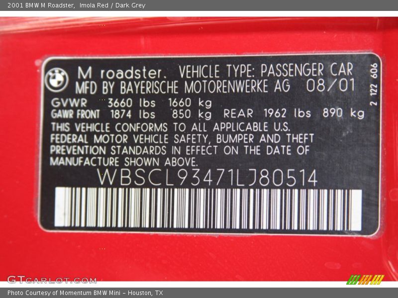 Imola Red / Dark Grey 2001 BMW M Roadster
