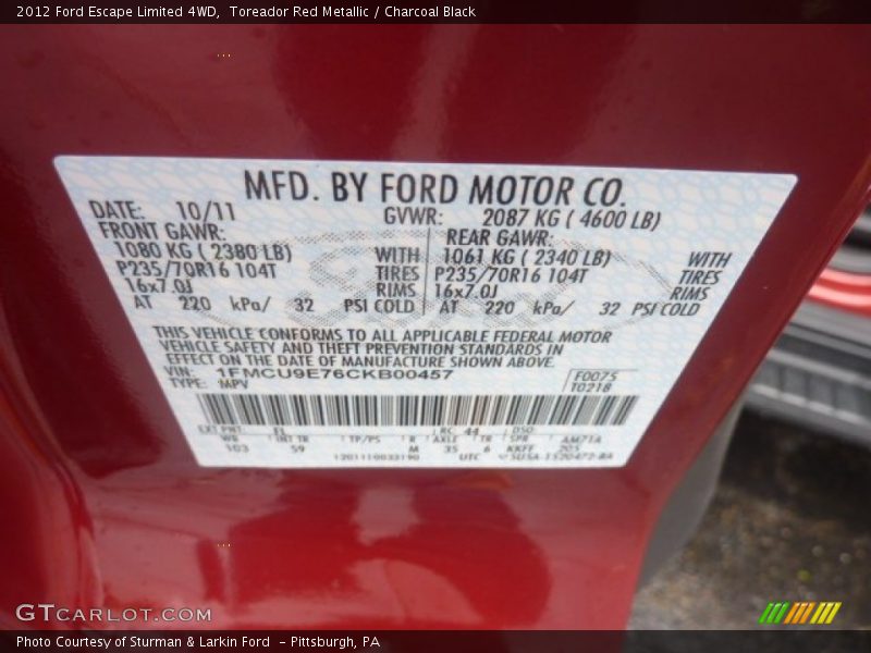 2012 Escape Limited 4WD Toreador Red Metallic Color Code FL