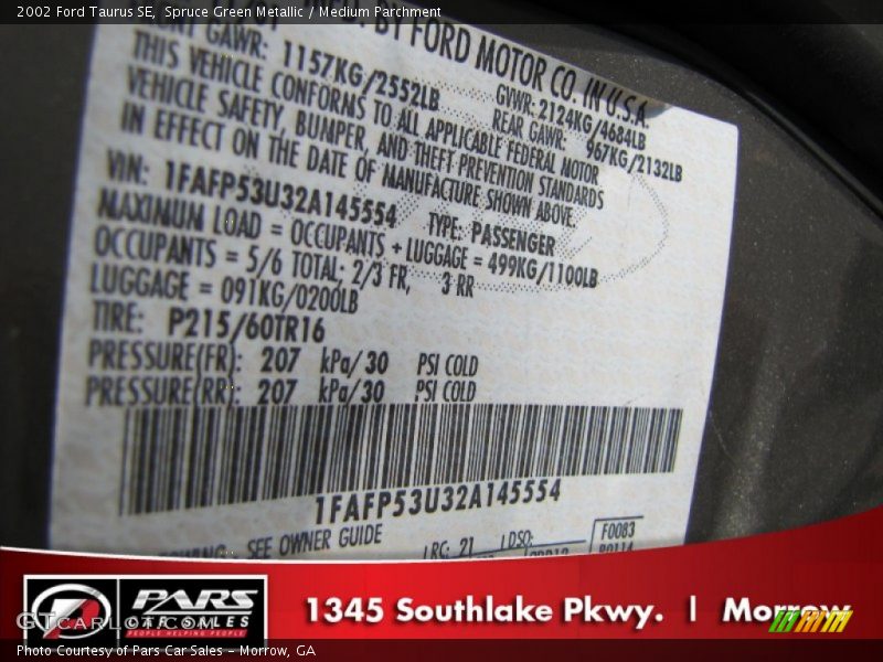 Spruce Green Metallic / Medium Parchment 2002 Ford Taurus SE