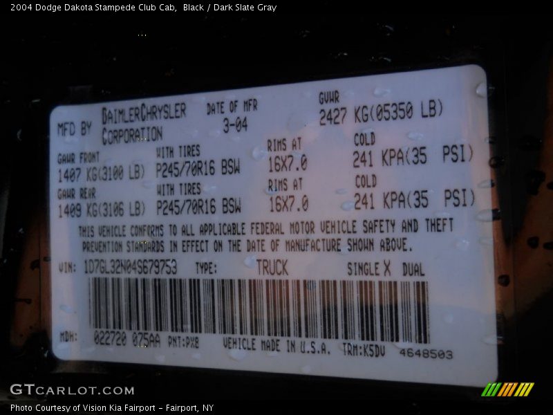 2004 Dakota Stampede Club Cab Black Color Code PX8