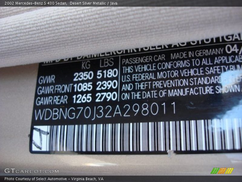 Desert Silver Metallic / Java 2002 Mercedes-Benz S 430 Sedan