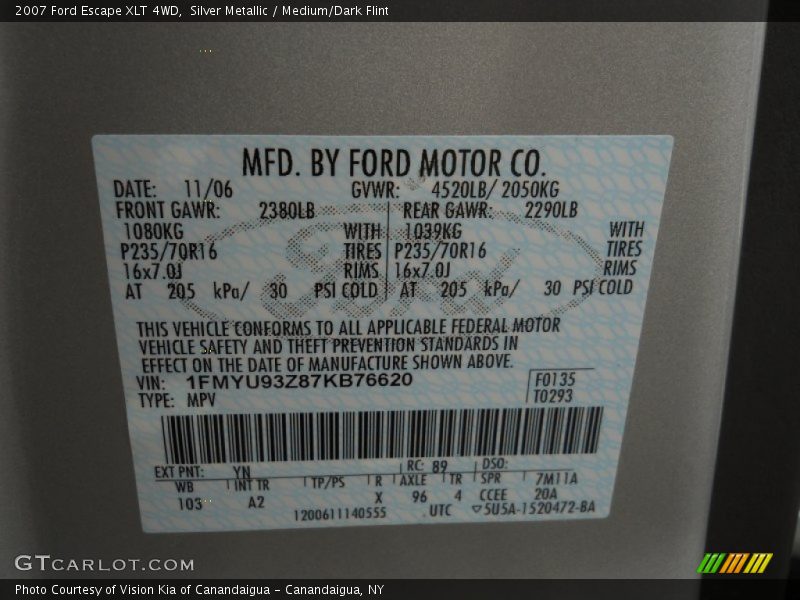 2007 Escape XLT 4WD Silver Metallic Color Code YN