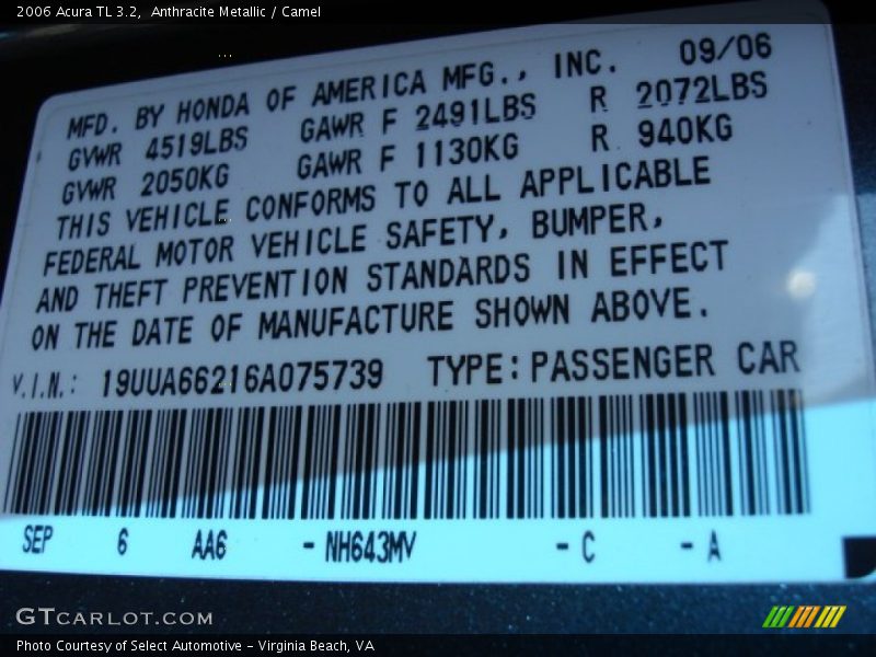 Anthracite Metallic / Camel 2006 Acura TL 3.2