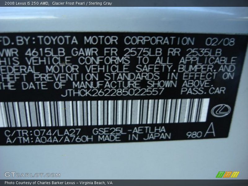 Glacier Frost Pearl / Sterling Gray 2008 Lexus IS 250 AWD