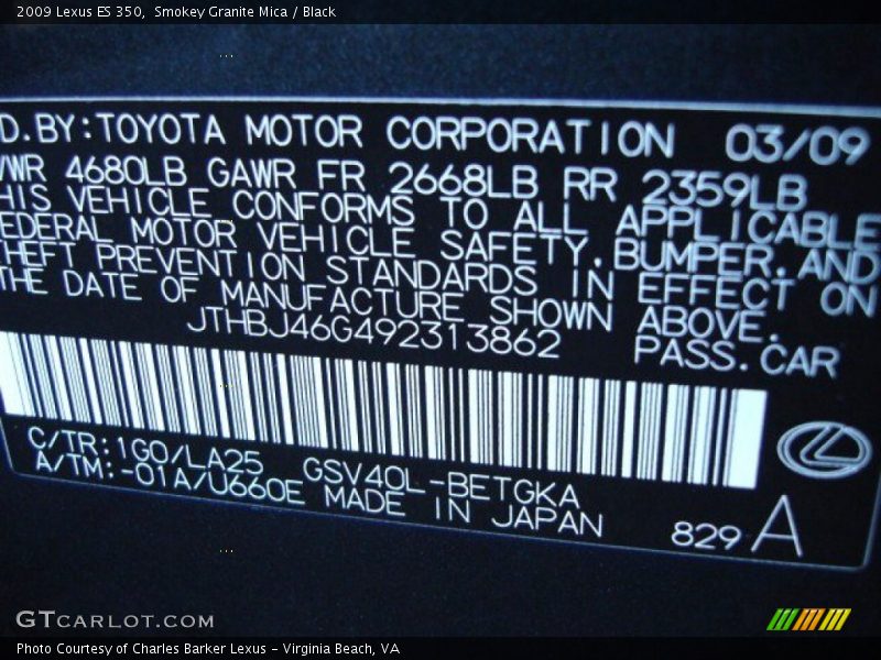 Smokey Granite Mica / Black 2009 Lexus ES 350