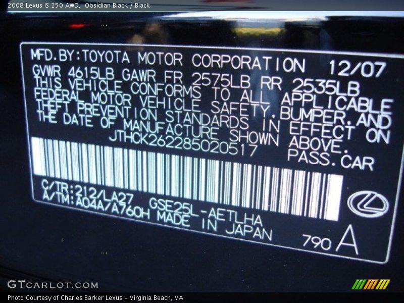 Obsidian Black / Black 2008 Lexus IS 250 AWD