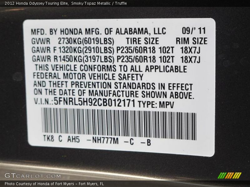 2012 Odyssey Touring Elite Smoky Topaz Metallic Color Code NH777M