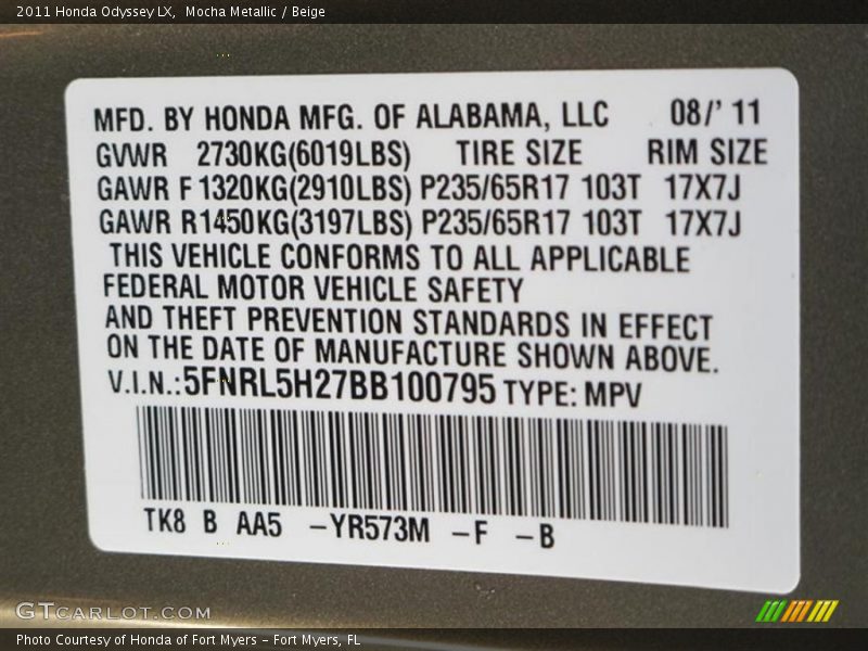 Mocha Metallic / Beige 2011 Honda Odyssey LX