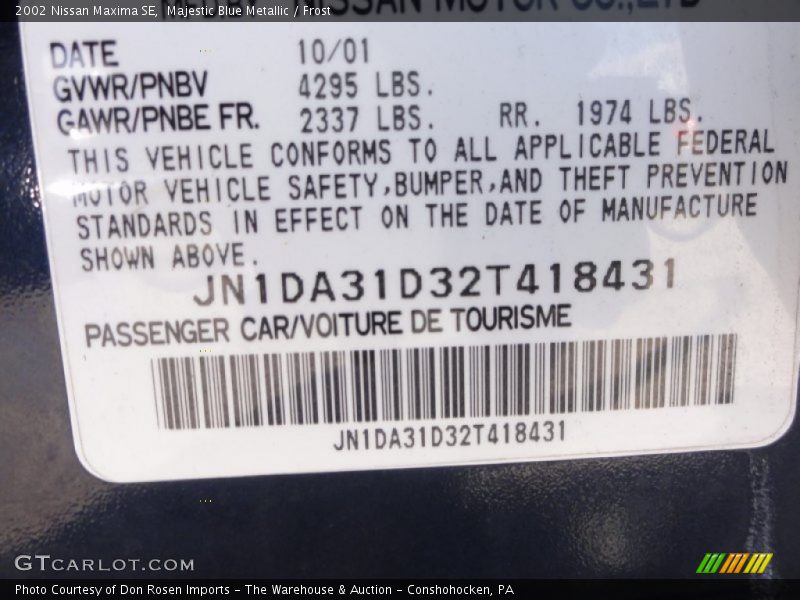 Majestic Blue Metallic / Frost 2002 Nissan Maxima SE
