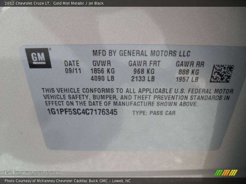 Gold Mist Metallic / Jet Black 2012 Chevrolet Cruze LT