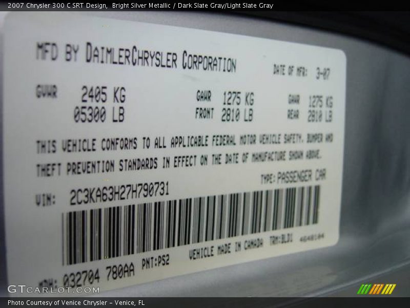 Bright Silver Metallic / Dark Slate Gray/Light Slate Gray 2007 Chrysler 300 C SRT Design