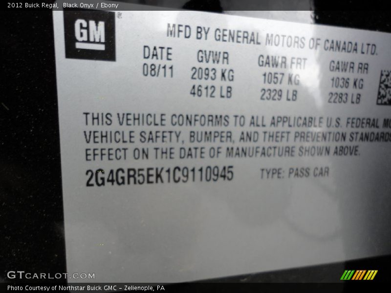 Black Onyx / Ebony 2012 Buick Regal