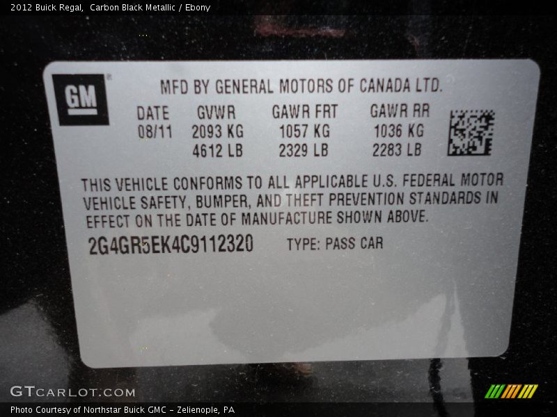 Carbon Black Metallic / Ebony 2012 Buick Regal