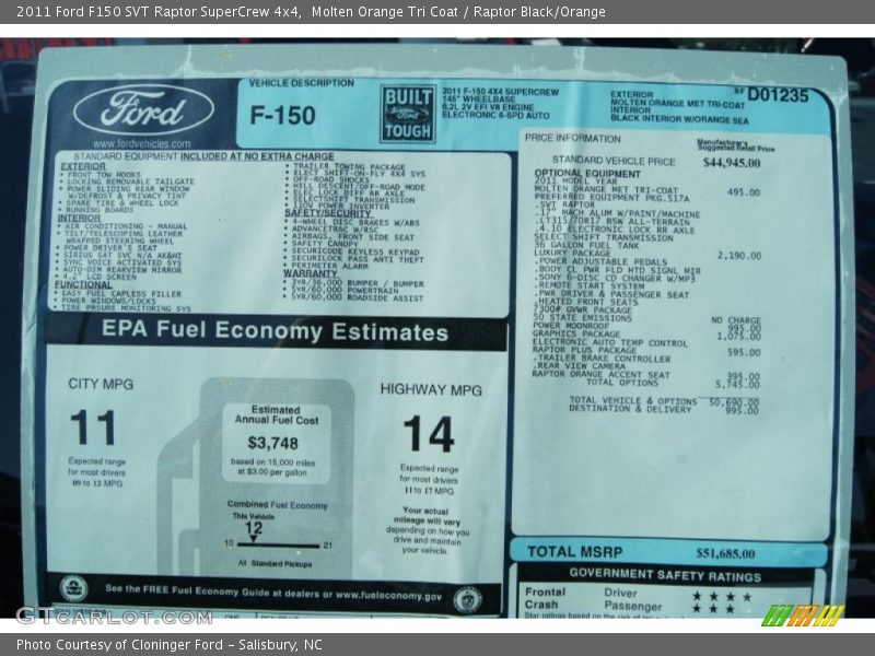  2011 F150 SVT Raptor SuperCrew 4x4 Window Sticker