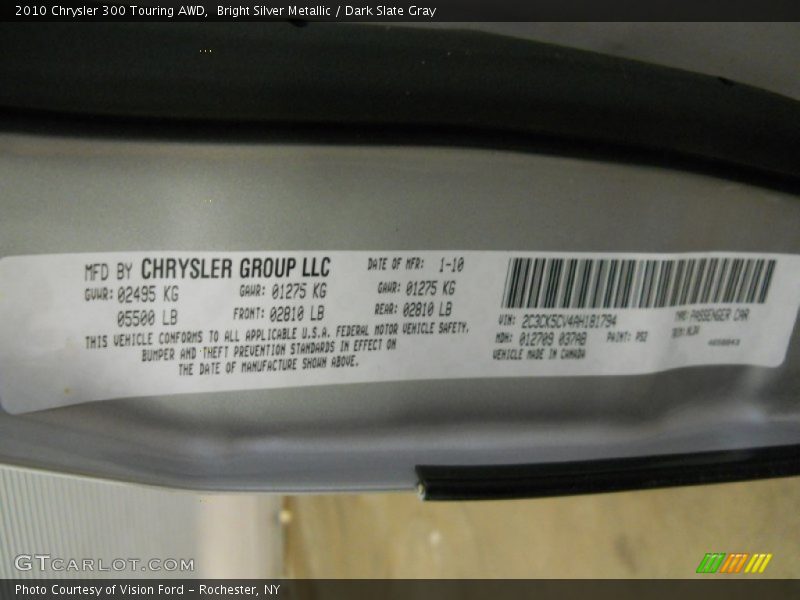 Bright Silver Metallic / Dark Slate Gray 2010 Chrysler 300 Touring AWD