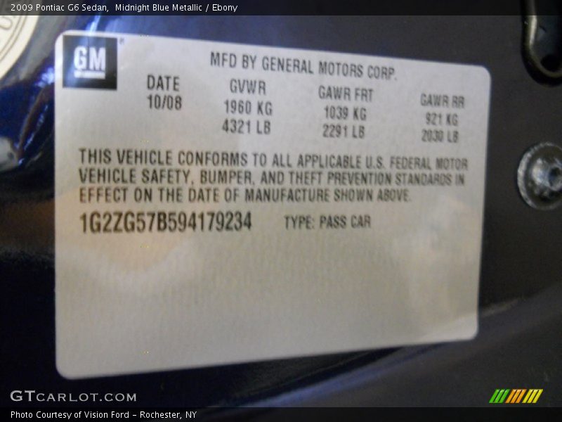 Midnight Blue Metallic / Ebony 2009 Pontiac G6 Sedan
