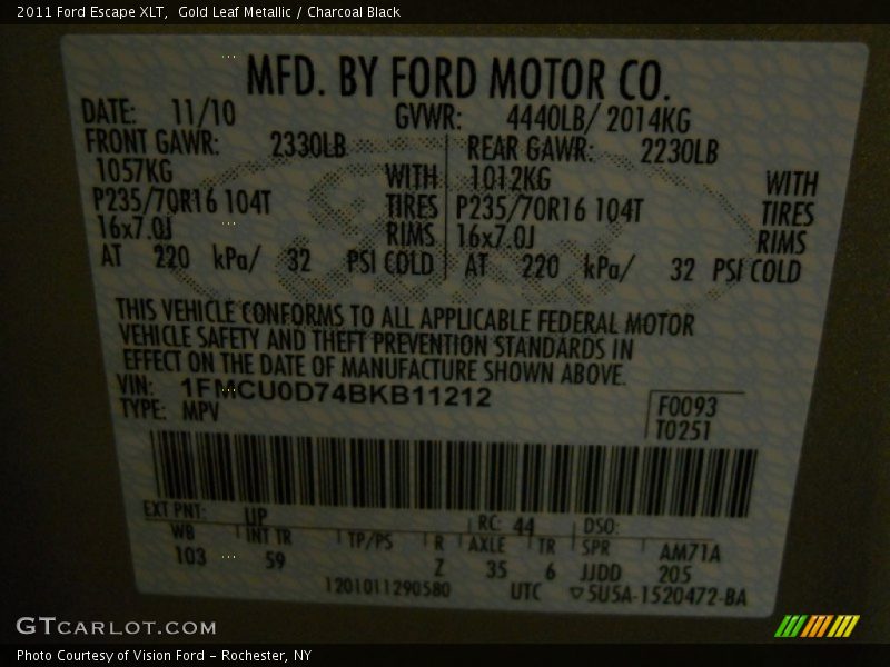 Gold Leaf Metallic / Charcoal Black 2011 Ford Escape XLT