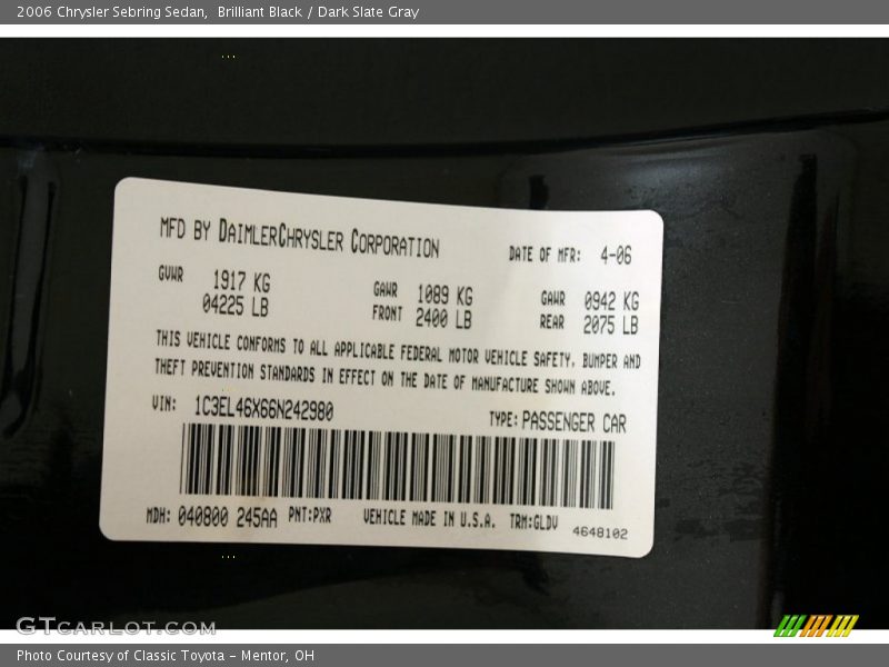 Brilliant Black / Dark Slate Gray 2006 Chrysler Sebring Sedan