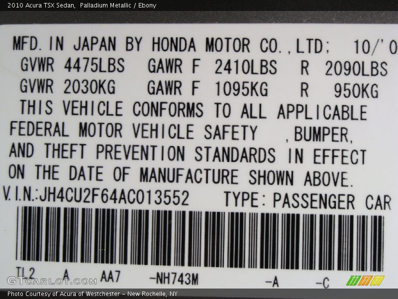 Palladium Metallic / Ebony 2010 Acura TSX Sedan