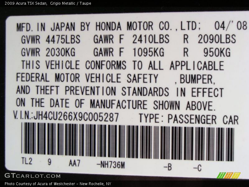 Grigio Metallic / Taupe 2009 Acura TSX Sedan