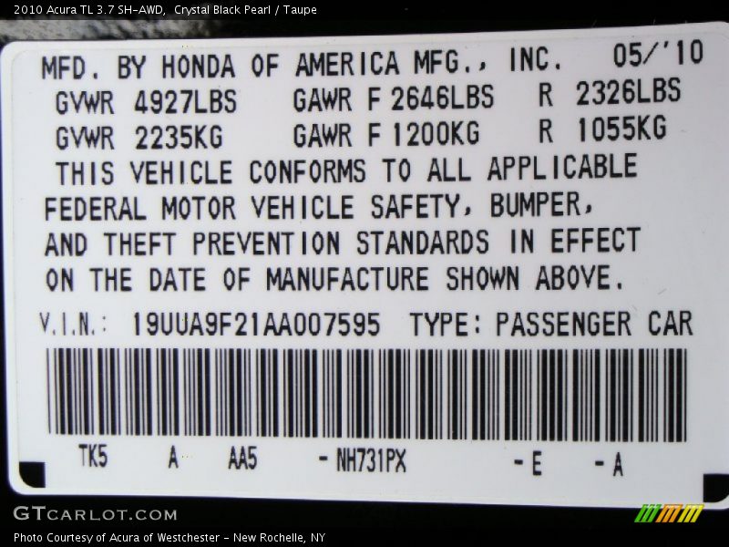 2010 TL 3.7 SH-AWD Crystal Black Pearl Color Code NH731PX