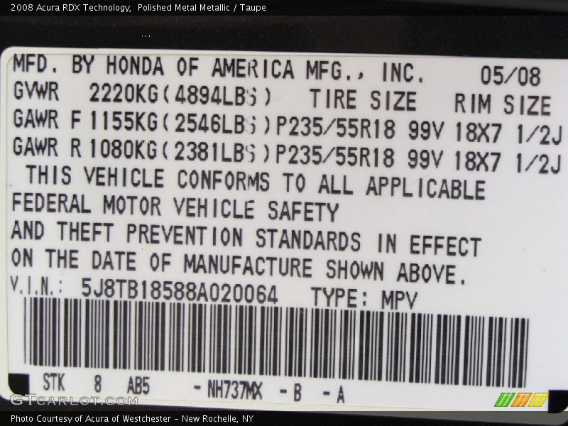 Polished Metal Metallic / Taupe 2008 Acura RDX Technology