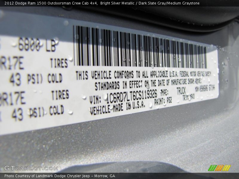 Bright Silver Metallic / Dark Slate Gray/Medium Graystone 2012 Dodge Ram 1500 Outdoorsman Crew Cab 4x4