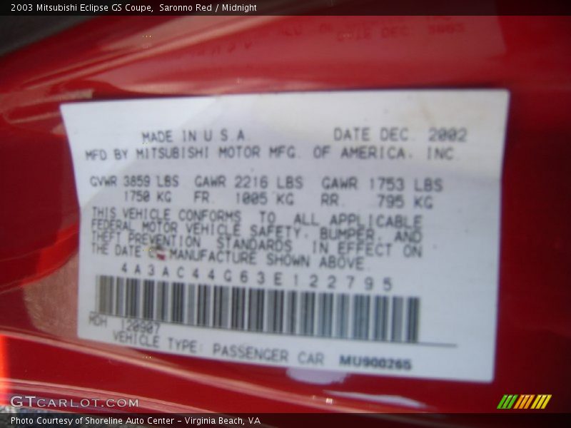 Saronno Red / Midnight 2003 Mitsubishi Eclipse GS Coupe