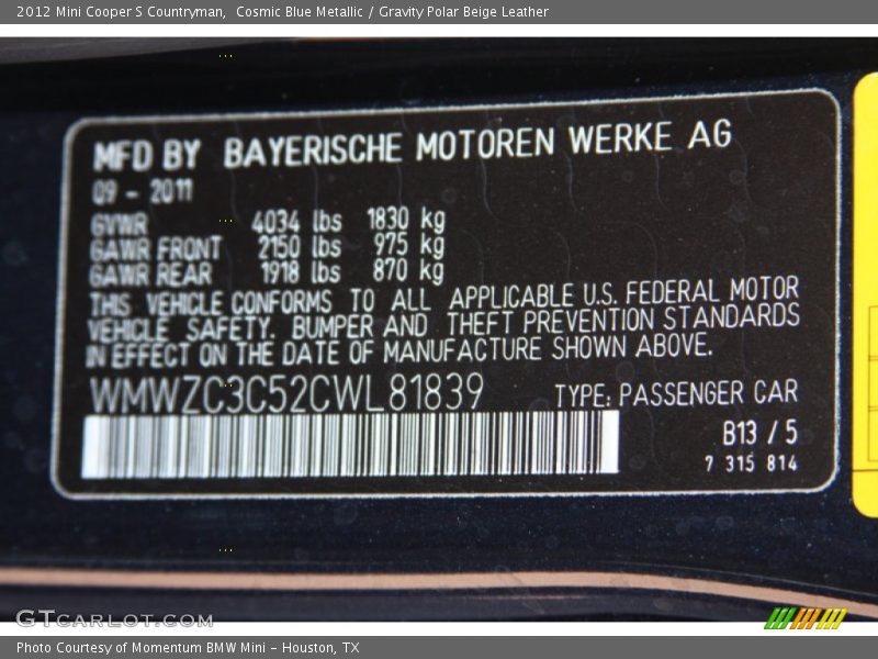 Cosmic Blue Metallic / Gravity Polar Beige Leather 2012 Mini Cooper S Countryman
