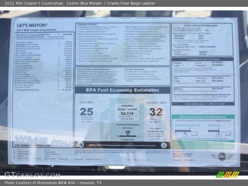  2012 Cooper S Countryman Window Sticker