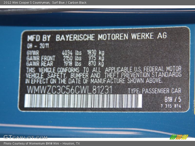 Surf Blue / Carbon Black 2012 Mini Cooper S Countryman