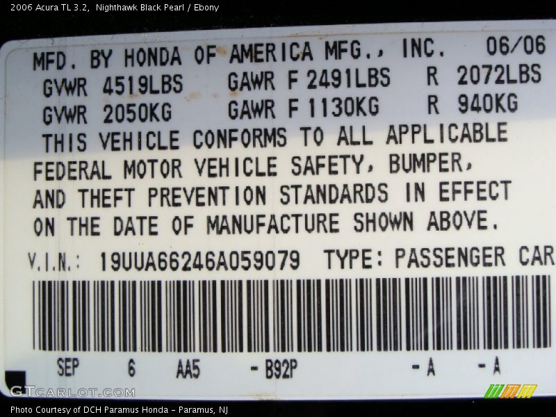Nighthawk Black Pearl / Ebony 2006 Acura TL 3.2