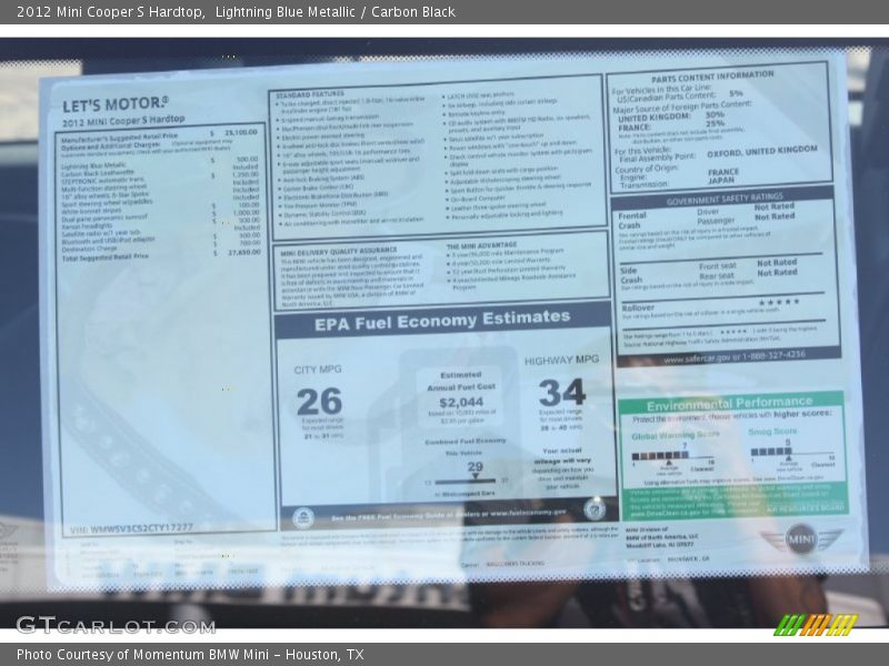Lightning Blue Metallic / Carbon Black 2012 Mini Cooper S Hardtop