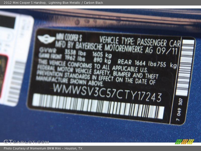 Lightning Blue Metallic / Carbon Black 2012 Mini Cooper S Hardtop