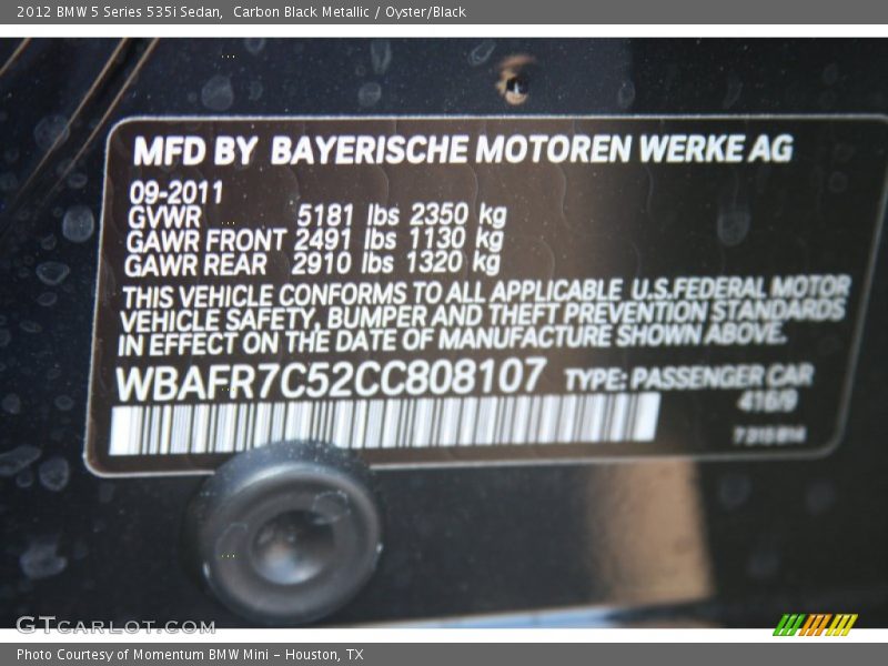 Carbon Black Metallic / Oyster/Black 2012 BMW 5 Series 535i Sedan
