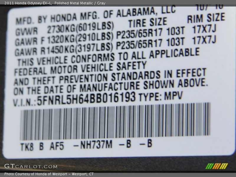 Polished Metal Metallic / Gray 2011 Honda Odyssey EX-L