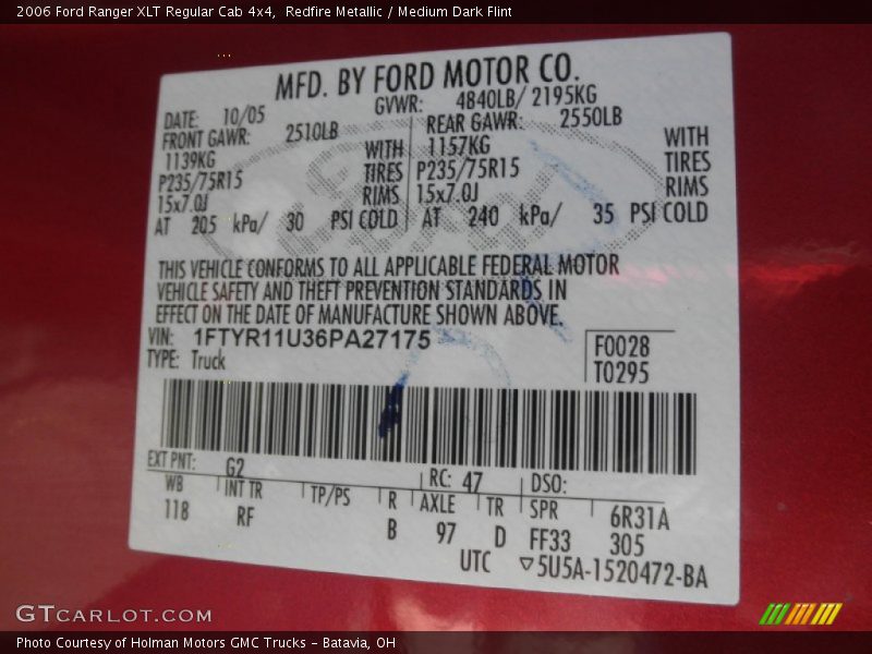 2006 Ranger XLT Regular Cab 4x4 Redfire Metallic Color Code G2