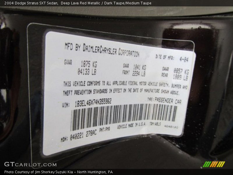 Deep Lava Red Metallic / Dark Taupe/Medium Taupe 2004 Dodge Stratus SXT Sedan