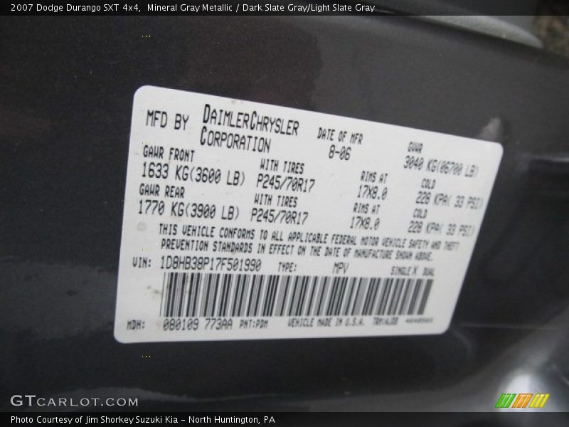 Mineral Gray Metallic / Dark Slate Gray/Light Slate Gray 2007 Dodge Durango SXT 4x4