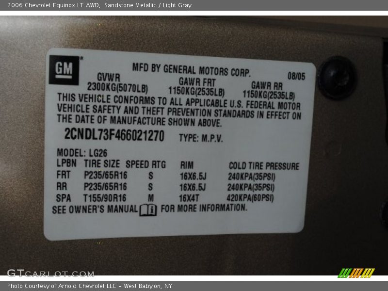 Sandstone Metallic / Light Gray 2006 Chevrolet Equinox LT AWD