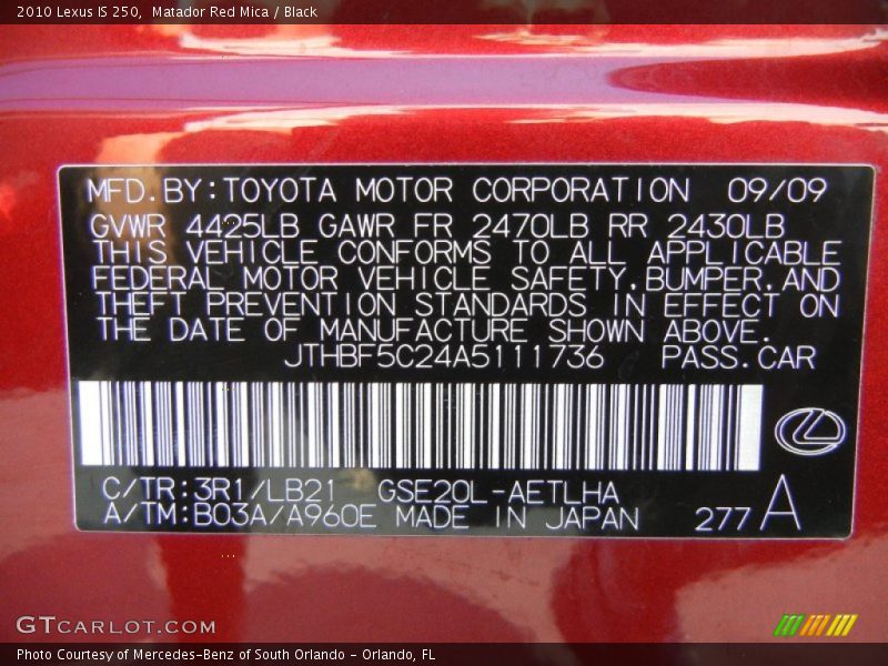 2010 IS 250 Matador Red Mica Color Code 3R1