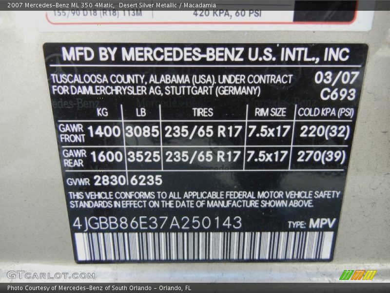 Desert Silver Metallic / Macadamia 2007 Mercedes-Benz ML 350 4Matic