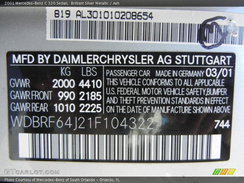 Brilliant Silver Metallic / Ash 2001 Mercedes-Benz C 320 Sedan