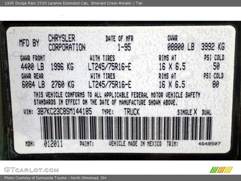 Emerald Green Metallic / Tan 1995 Dodge Ram 2500 Laramie Extended Cab
