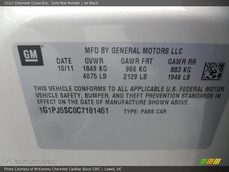 Gold Mist Metallic / Jet Black 2012 Chevrolet Cruze Eco
