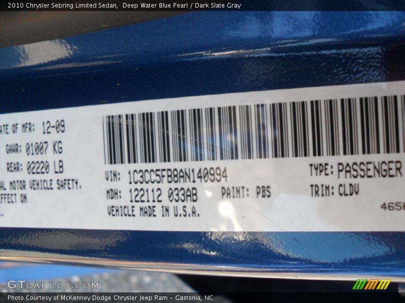 Deep Water Blue Pearl / Dark Slate Gray 2010 Chrysler Sebring Limited Sedan