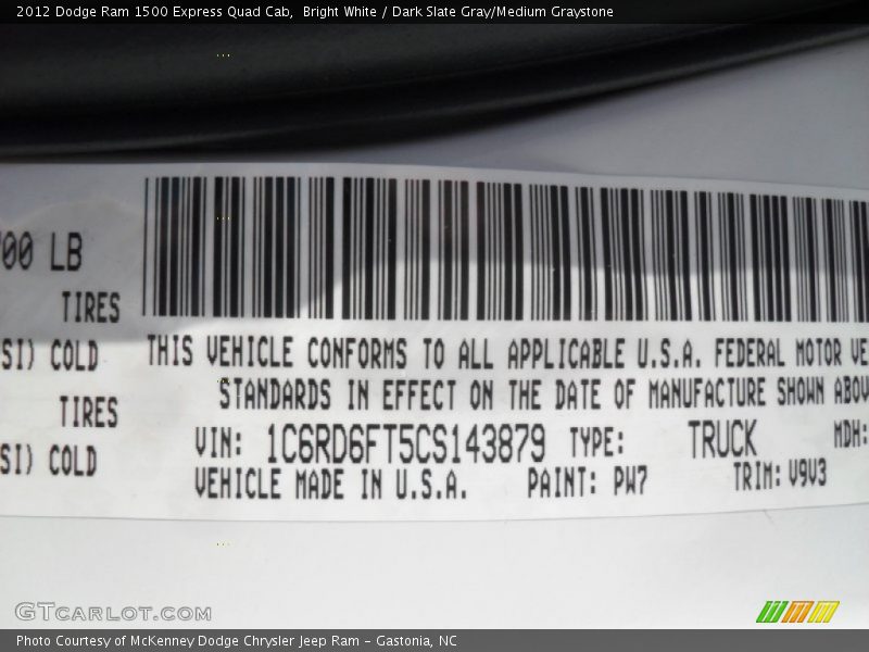 2012 Ram 1500 Express Quad Cab Bright White Color Code PW7